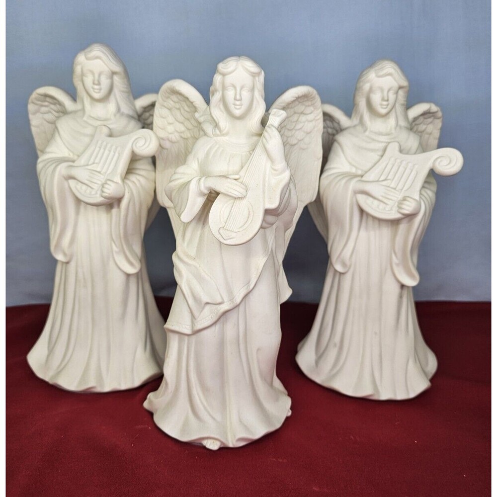 Angels Candle Holders Set of 3 PARTYLITE White w/Harp & Lute 1980s Mantel Decor